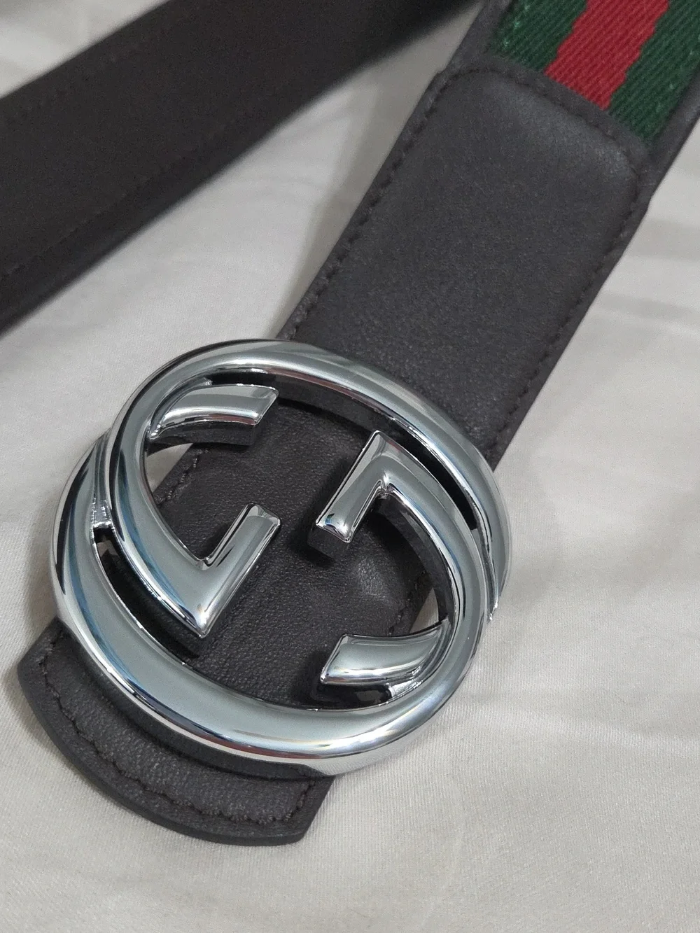 Gucci Green Red Reversible Belt with Silver Double G Buckle